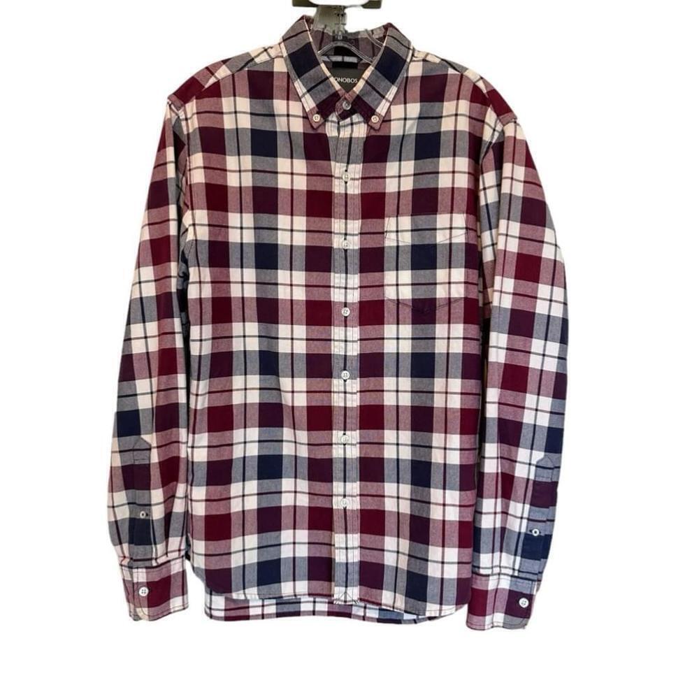 Bonobos slim fit red blue plaid long sleeve button up shirt 100% cotton medium